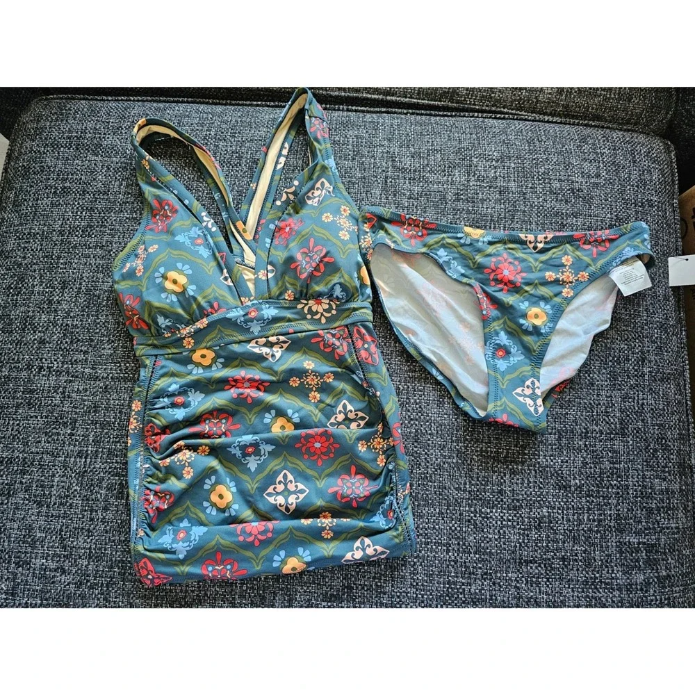 A Pea in the‎ Pod Maternity Tankini Set Small Teal Floral NWT 50+ UPF Ruched